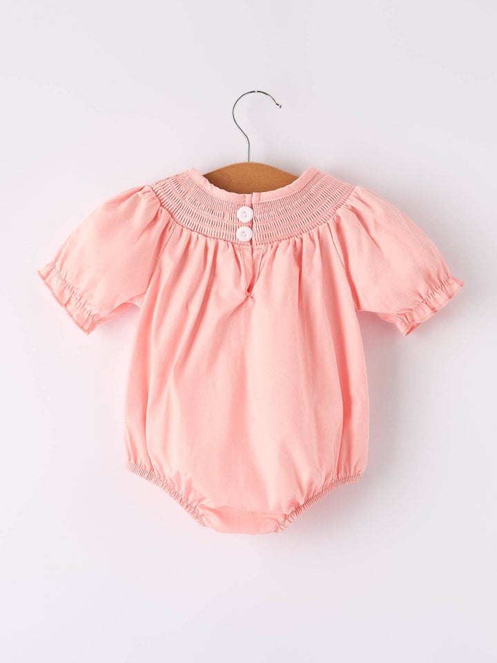 Rylee Faith Designs - Girls Horse Smocking Embroidered Coral Romper: 18M
