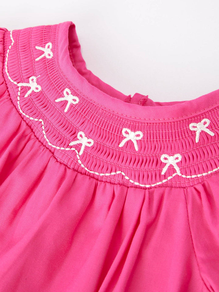 Bow Smocking Embroidered Hot Pink Romper
