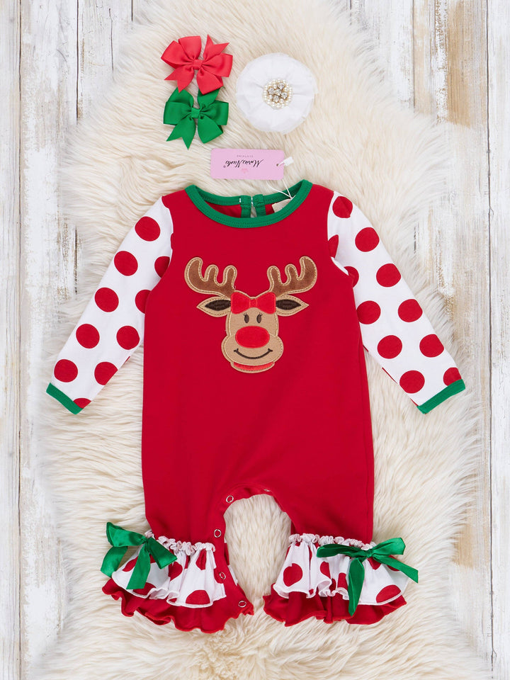 Marie Nicole Clothing - Christmas Reindeer Romper Pajamas - For Boys & Girls: 6/12M / Girl