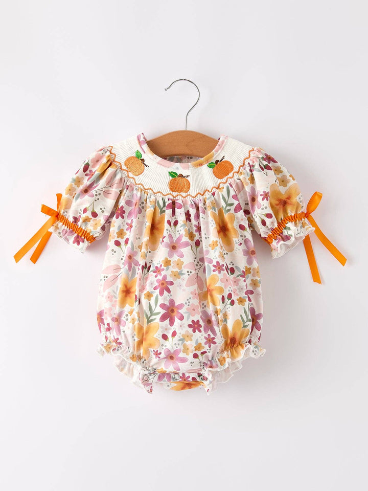 Rylee Faith Designs - Halloween & Thanksgiving Pumpkin Embroidery Smock Floral Baby Girl Romper: 12M