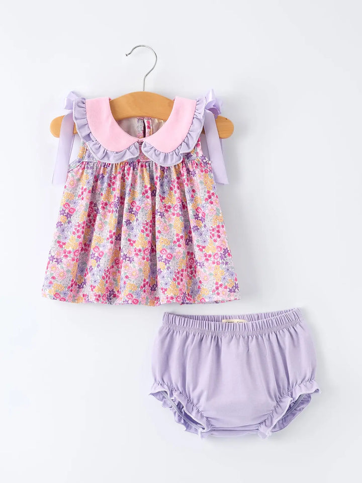 Spring Purple Floral Bow Ruffle Girl Bloomer Set