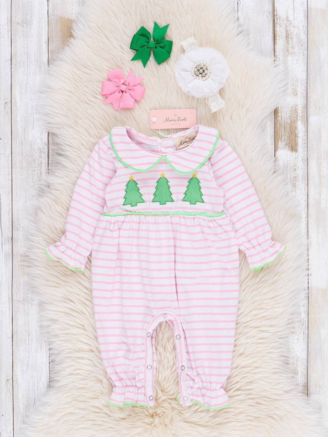 Marie Nicole Clothing - Lime & Pink Embroidered Christmas Trees Romper: 18/24MOS