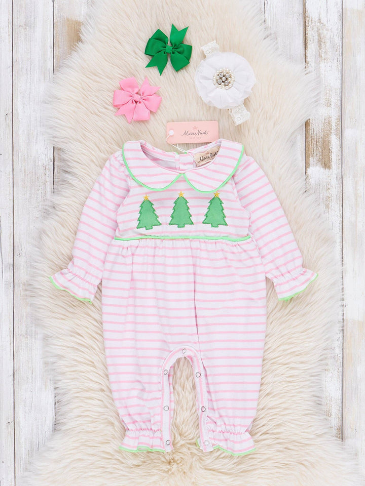 Marie Nicole Clothing - Lime & Pink Embroidered Christmas Trees Romper: 18/24MOS