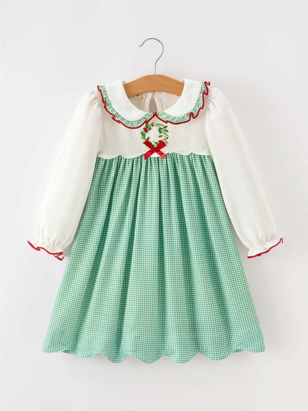 Girls Christmas Green Plaid Embroidered Long Sleeve Dress
