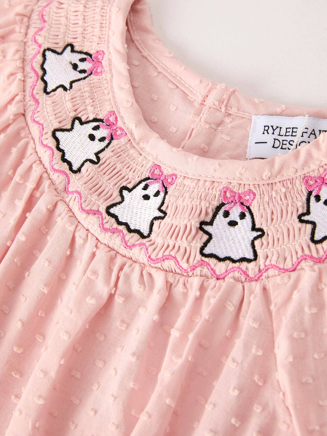 Rylee Faith Designs - Autumn Halloween Light Pink Ghost Embroidery Smock Floral Girls Romper: 12M