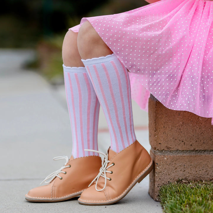 White/Blossom Striped Scalloped Knee High Socks