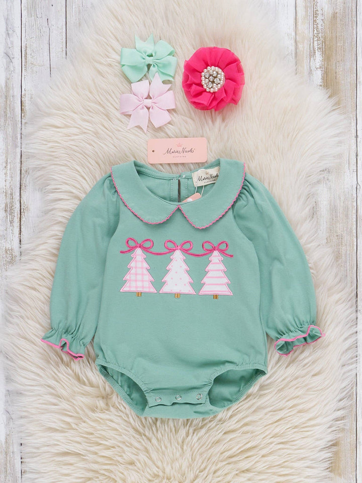Marie Nicole Clothing - Pastel Evergreen Embroidered Bubble Romper: 3/6MOS