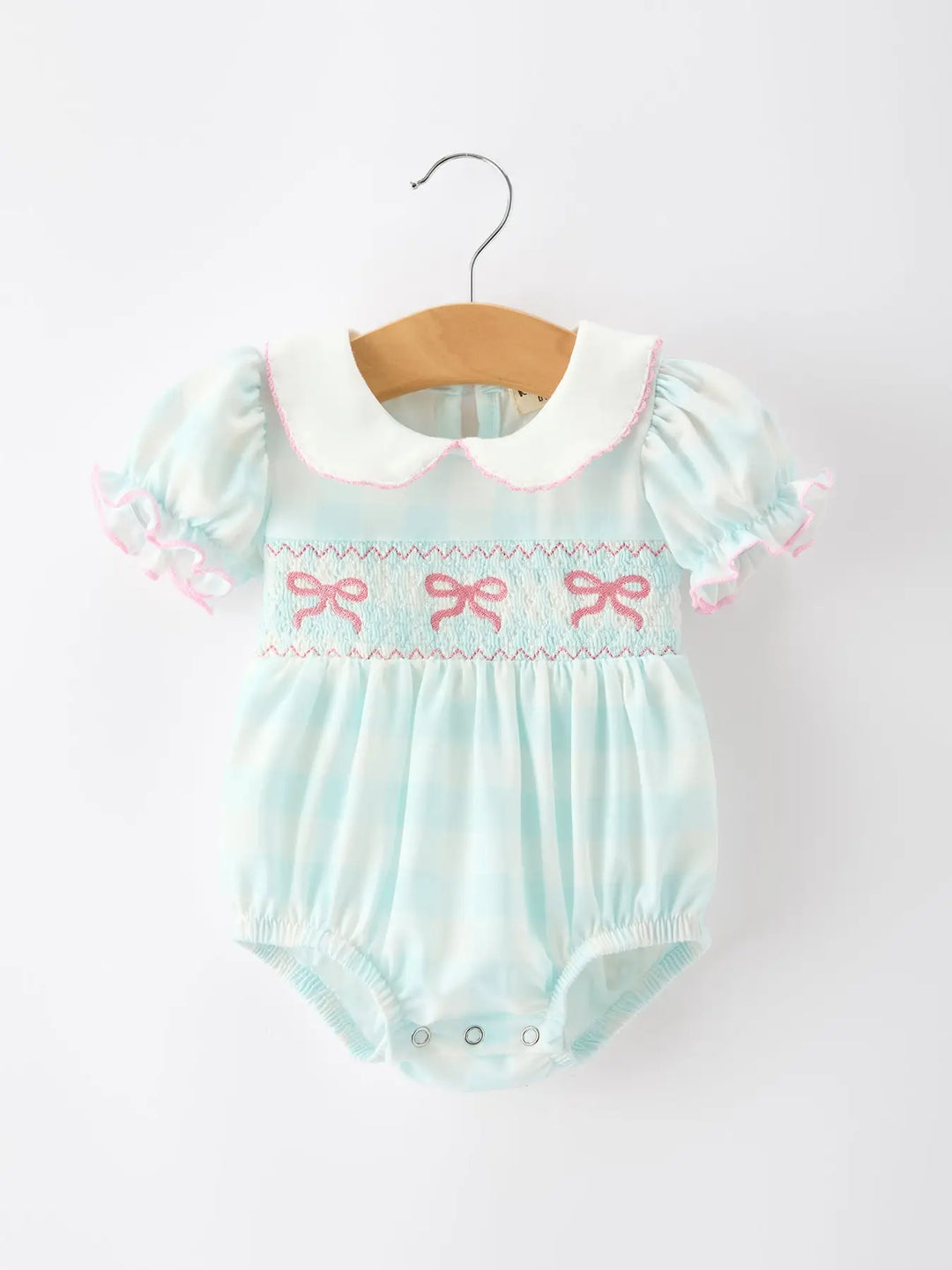 Spring Plaid Bow Girls Bubble Smocked Petals Collar Puff Sleeve