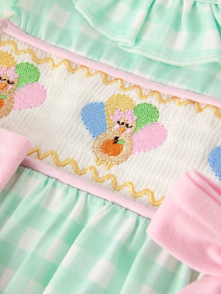 Rylee Faith Designs - Fall Thanksgiving Green Chicken Smock Embroidered Plaid Baby Girls Romper: 12M