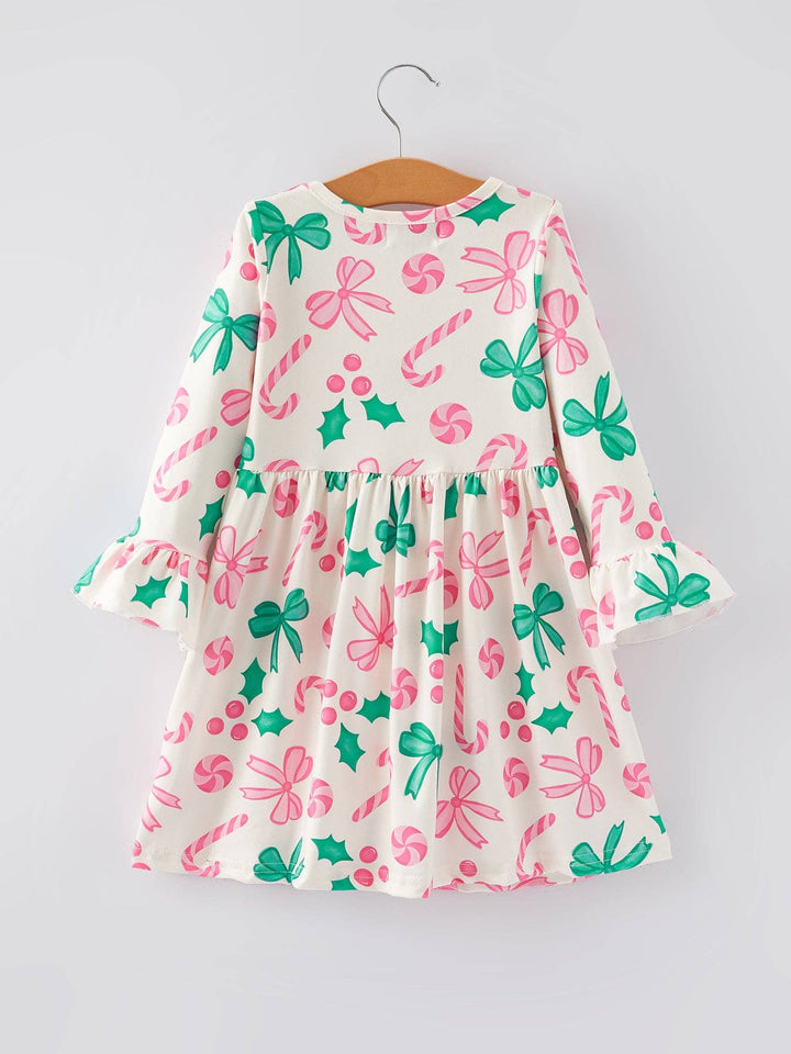 Rylee Faith Designs - Christmas Candy Bow Print Girls Dress: 8/9Y
