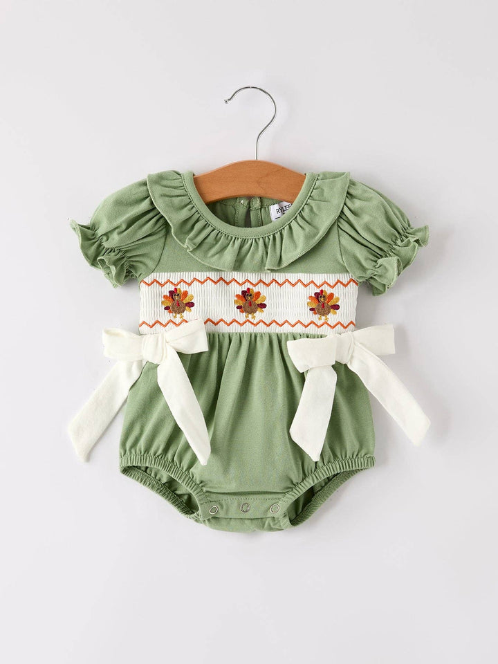 Rylee Faith Designs - Fall Thanksgiving Chicken Smock Embroidered Green  Baby Girl Romper: 3M