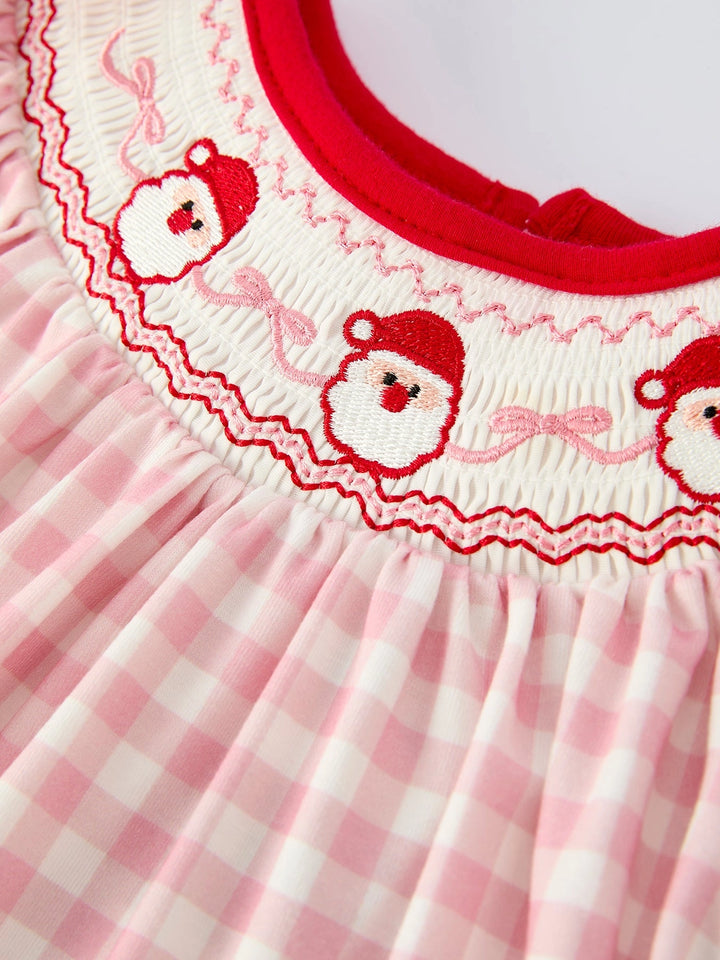 Pink Gingham Christmas Girls Dress: Santa Embroidery with Red Satin Ribbon- ETA Sept.