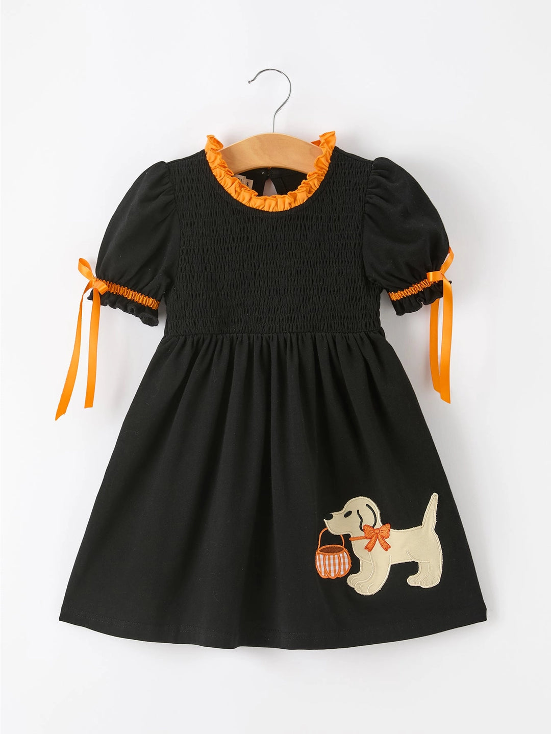 Girls Halloween Dog Pumpkin Embroidered Dress Puff Sleeve- ETA SEPT.