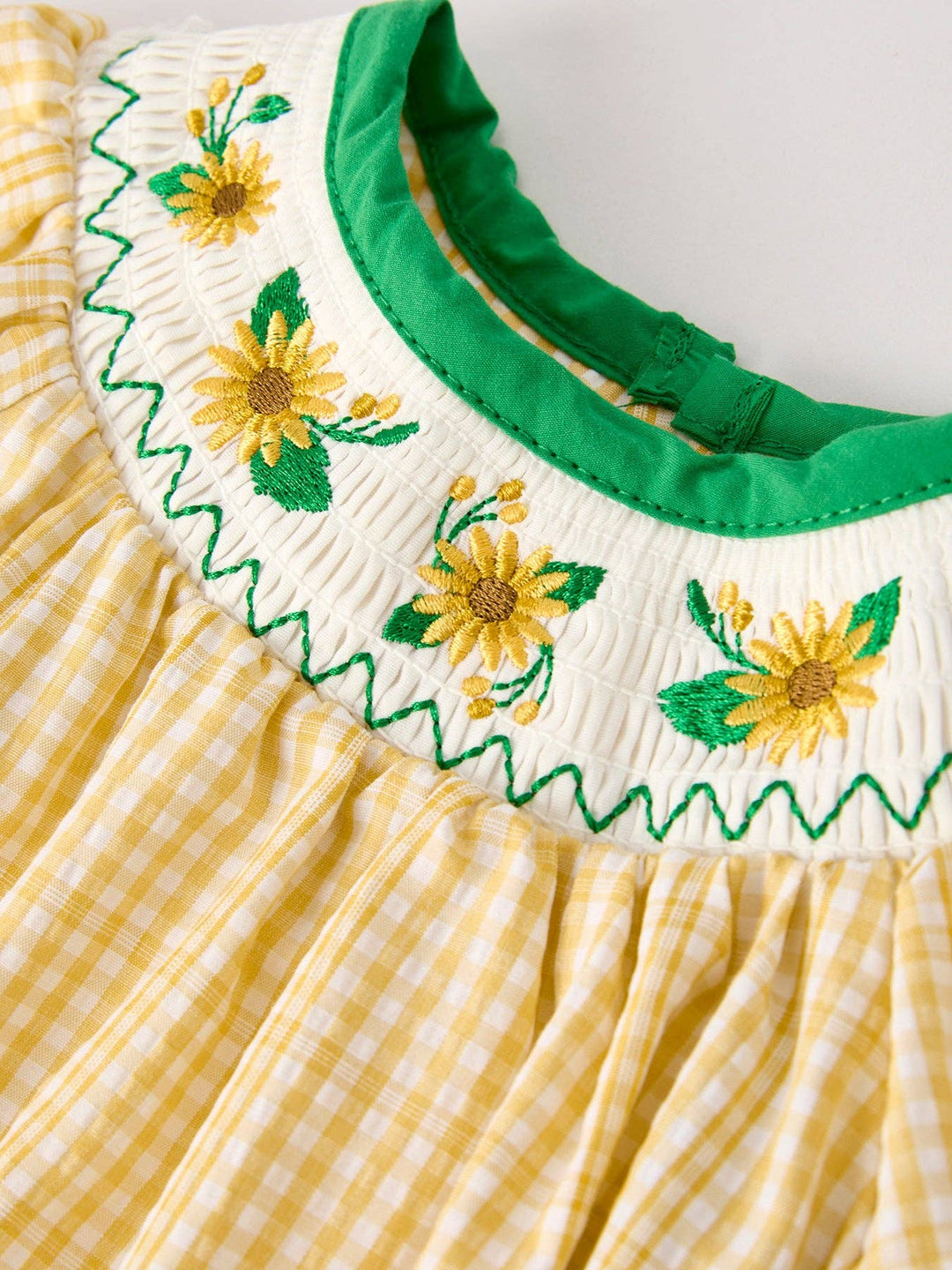 Rylee Faith Designs - Yellow Plaid Floral Smocking Embroidered Baby Girl Romper: 6M