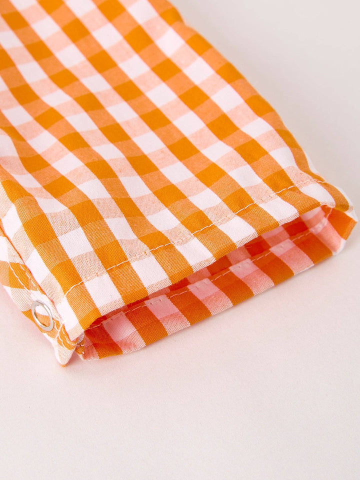 Rylee Faith Designs - Fall Embroidered Romper for Baby Boys – Orange Checkered with Halloween Details: 3M