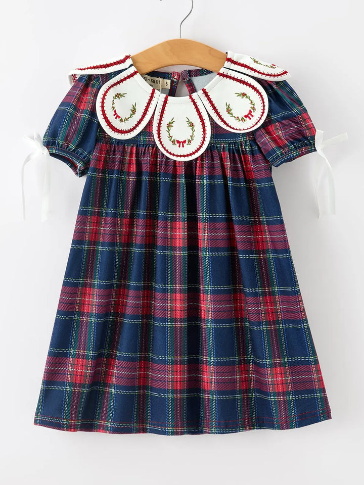 Navy Red Christmas Plaid Wreath Embroidered Girl Dress- ETA November