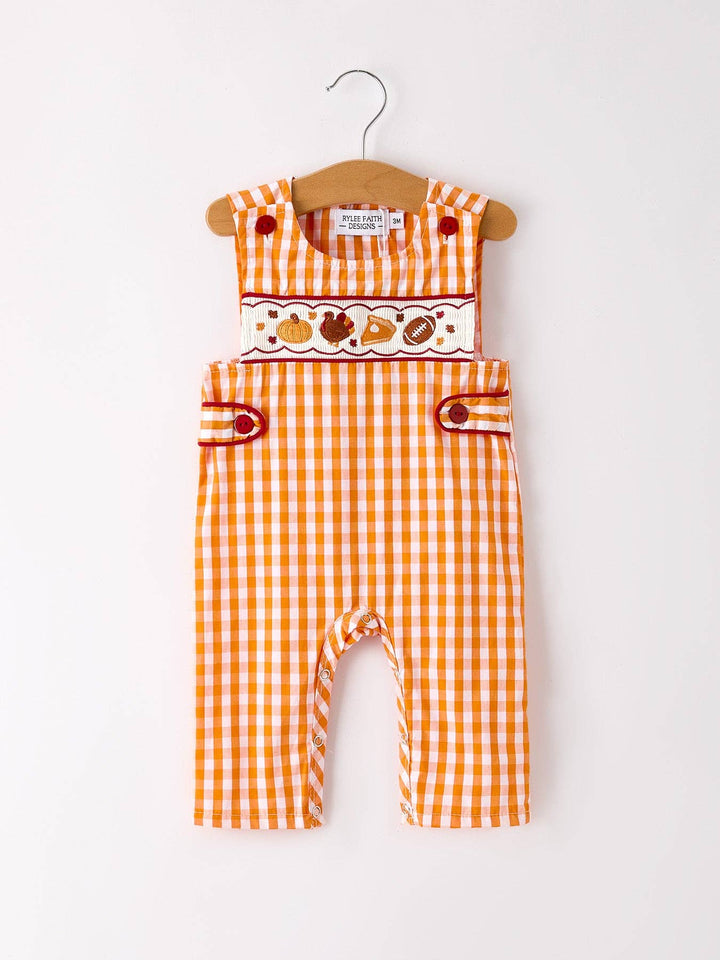 Rylee Faith Designs - Fall Embroidered Romper for Baby Boys – Orange Checkered with Halloween Details: 3M