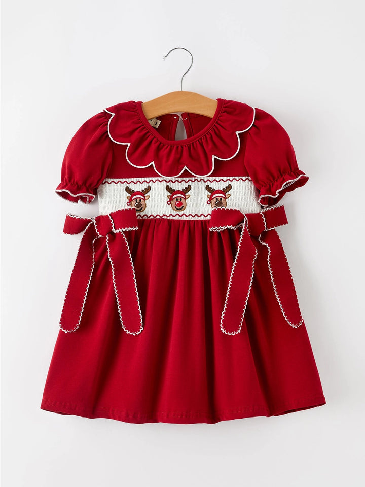 Girls Christmas Reindeer Smocked Red Bow Dress- ETA November