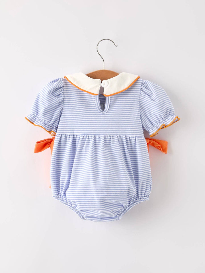 Rylee Faith Designs - Fall Thanksgiving and Halloween Lapel Stripe Pumpkin Applique Bow Girls Romper: 3M