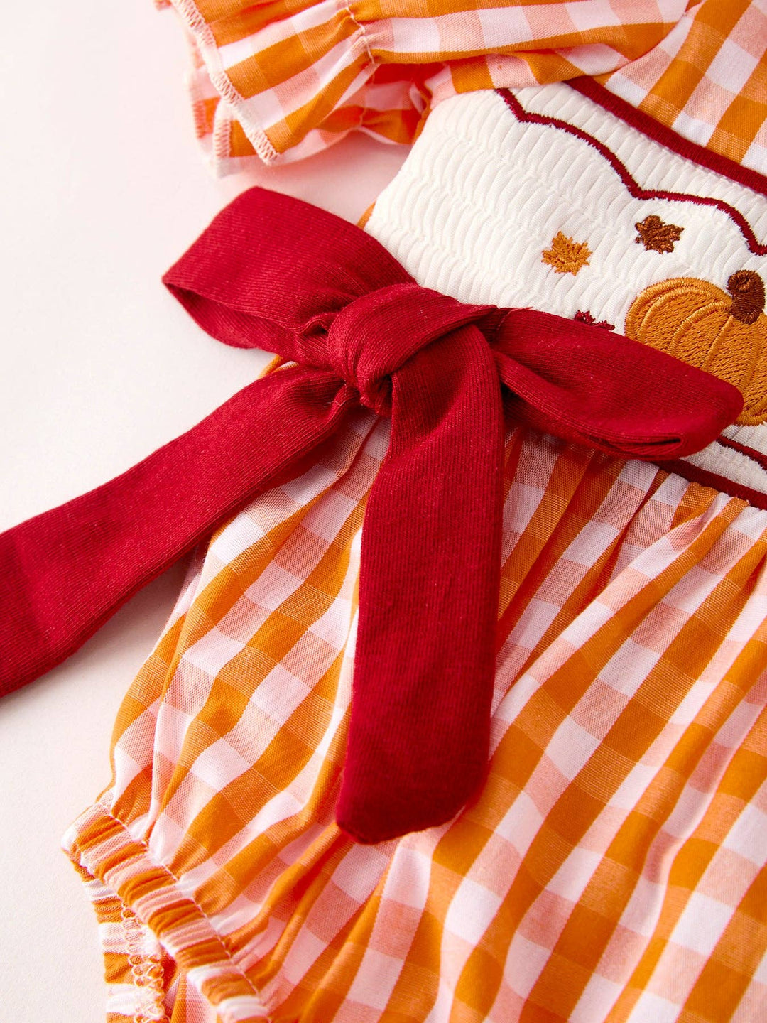 Rylee Faith Designs - Fall Embroidered Romper for Baby Girls – Orange Checkered with Halloween Details: 18M