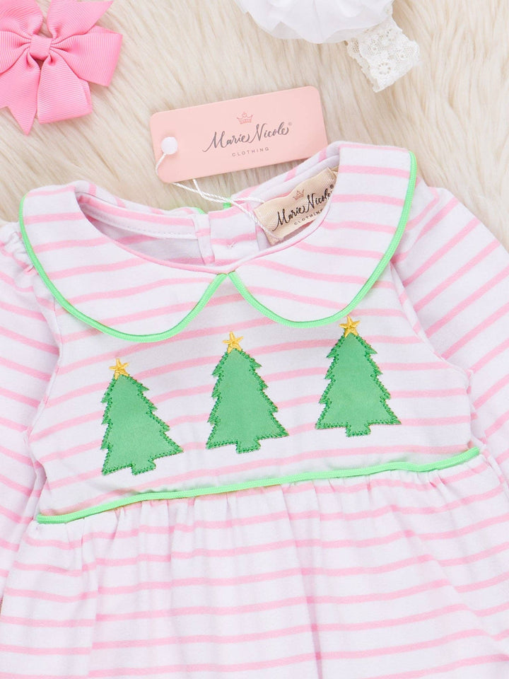 Marie Nicole Clothing - Lime & Pink Embroidered Christmas Trees Romper: 18/24MOS