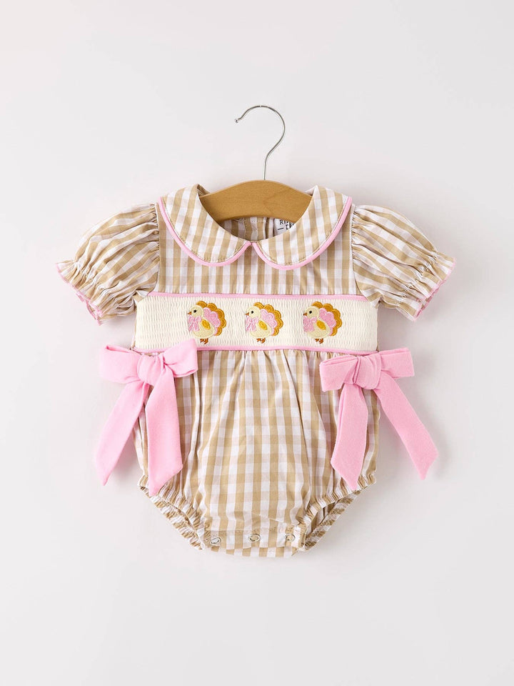 Rylee Faith Designs - Fall Thanksgiving Lapel Plaid Chick Embroidery Smocking Bow Baby Girls Romper: 18M