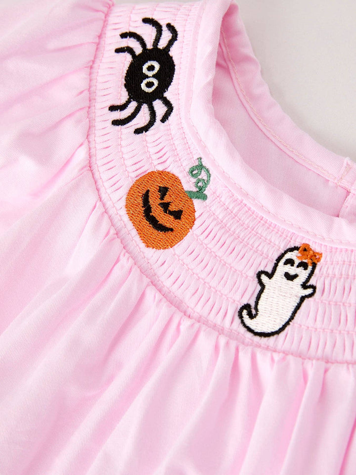 Rylee Faith Designs - Fall Halloween Pink Spider Pumpkin Ghost Smock Embroidery Baby Girl Romper: 12M