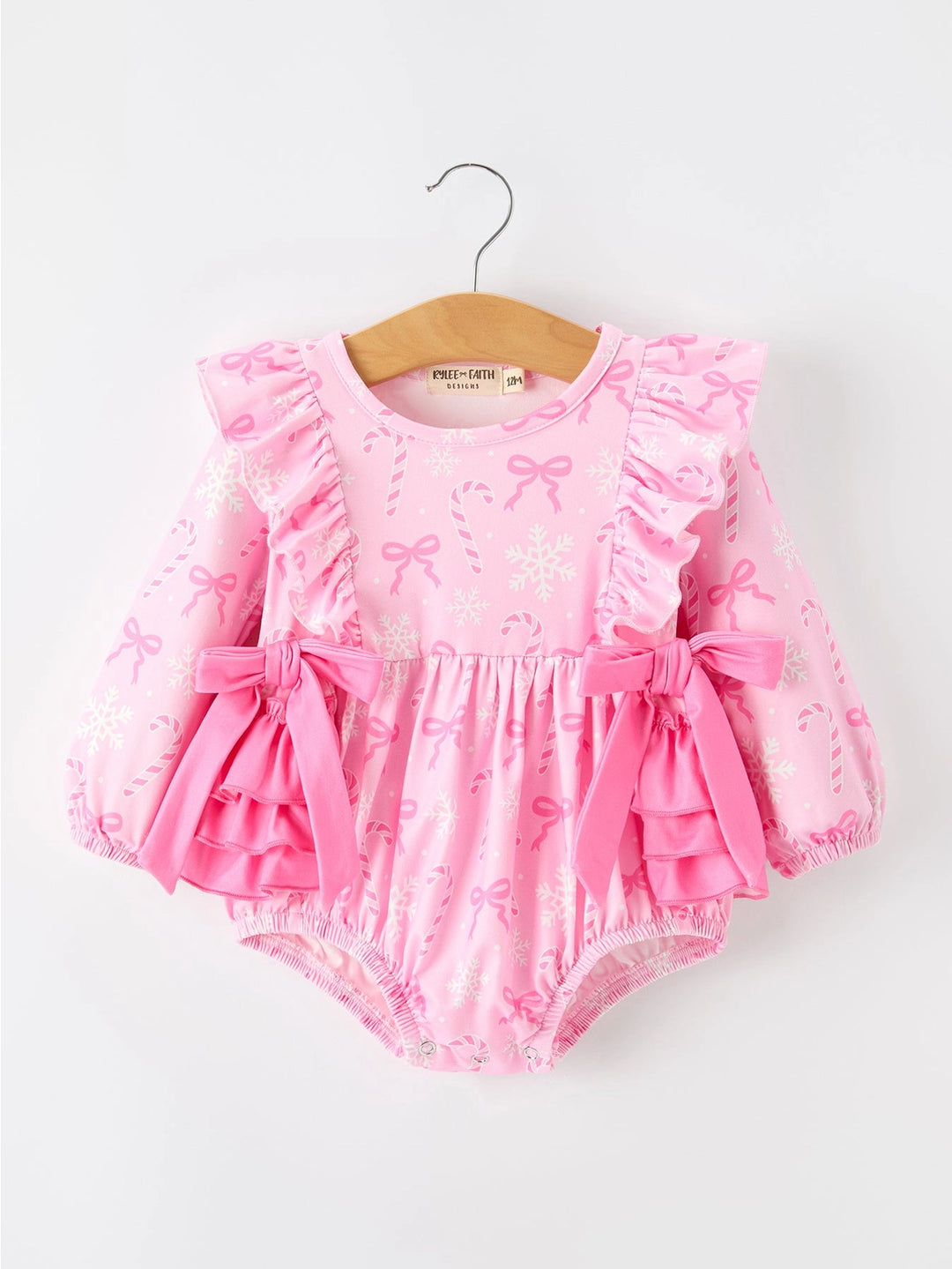 Pink Christmas Bow Print Ruffle Baby Girl Bubble Romper- ETA SEPT.