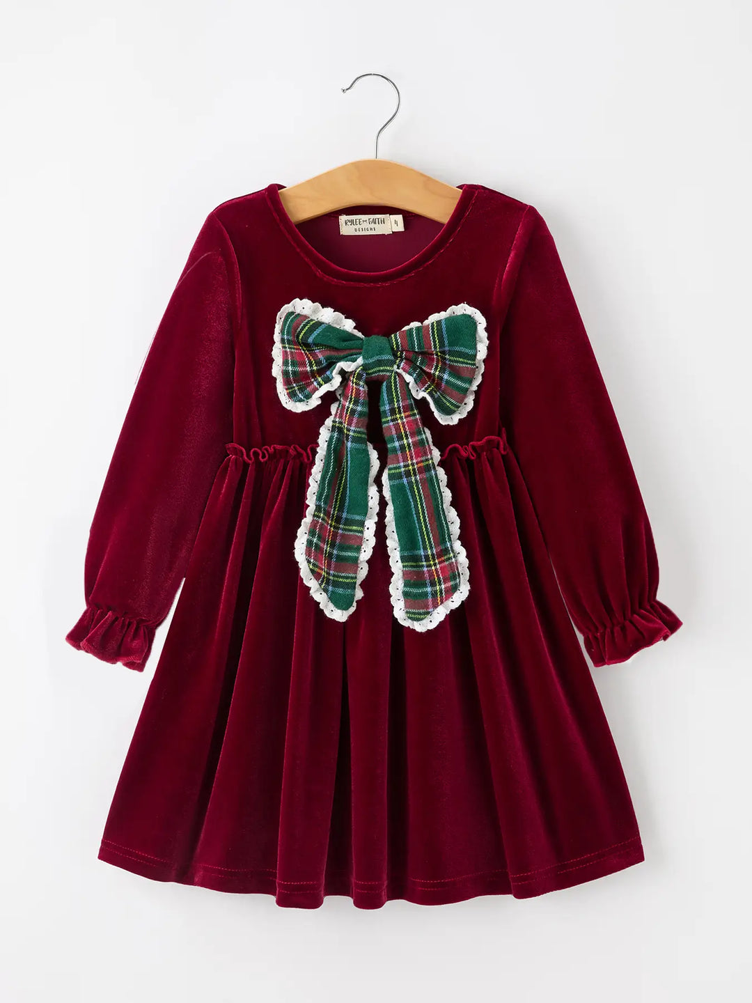 Girls Christmas Burgundy Velvet Plaid Bow Dress- ETA OCTOBER