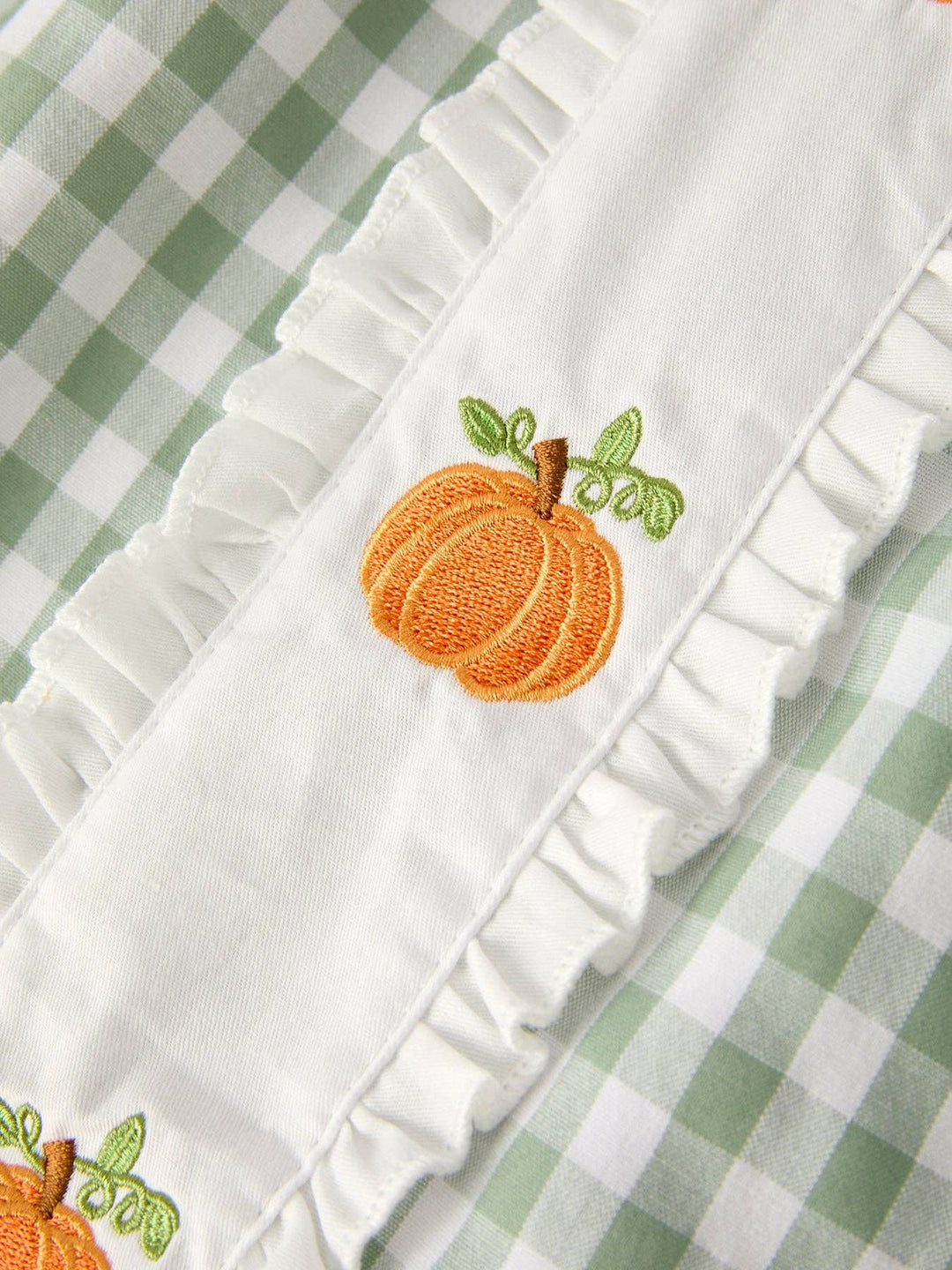 Rylee Faith Designs - Fall Halloween & Thanksgiving Pumpkin Applique Plaid Green Girls Dress: 2