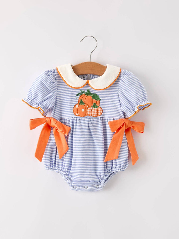 Rylee Faith Designs - Fall Thanksgiving and Halloween Lapel Stripe Pumpkin Applique Bow Girls Romper: 6M