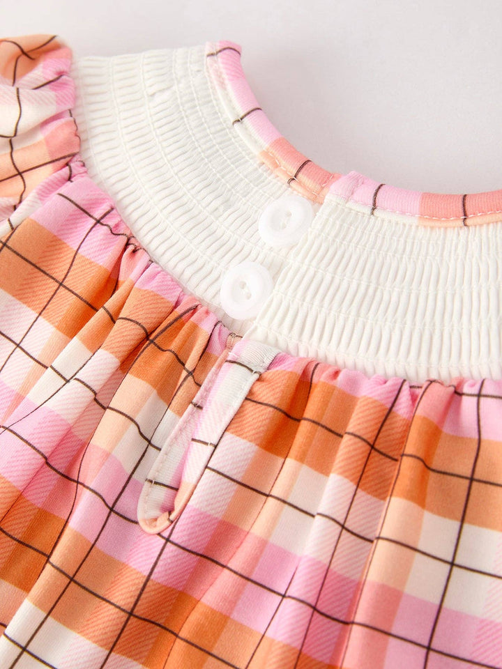Pumpkin Bow Ghost Smocked Embroidered Plaid  Romper