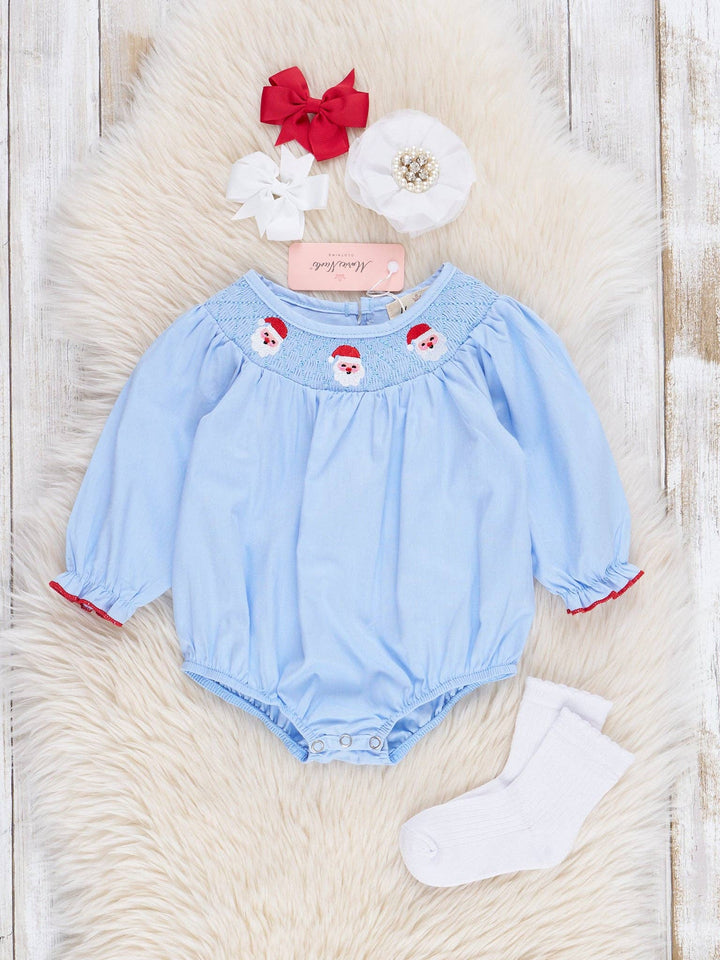 Marie Nicole Clothing - Blue Chambray Smocked Santas Ruffle Bubble: 3/6MOS