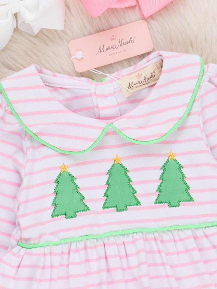 Marie Nicole Clothing - Lime & Pink Embroidered Christmas Trees Dress: XL(5yrs)