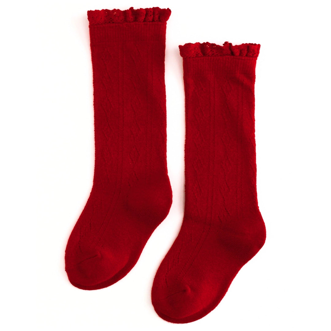 Bright Red Fancy Lace Top Knee High Socks