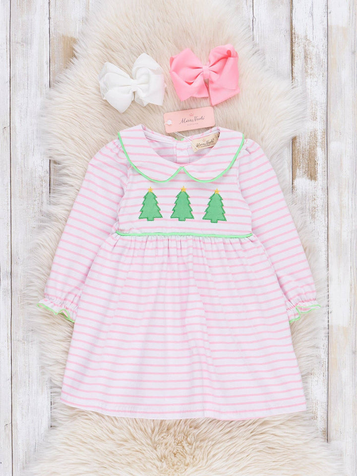 Marie Nicole Clothing - Lime & Pink Embroidered Christmas Trees Dress: XL(5yrs)