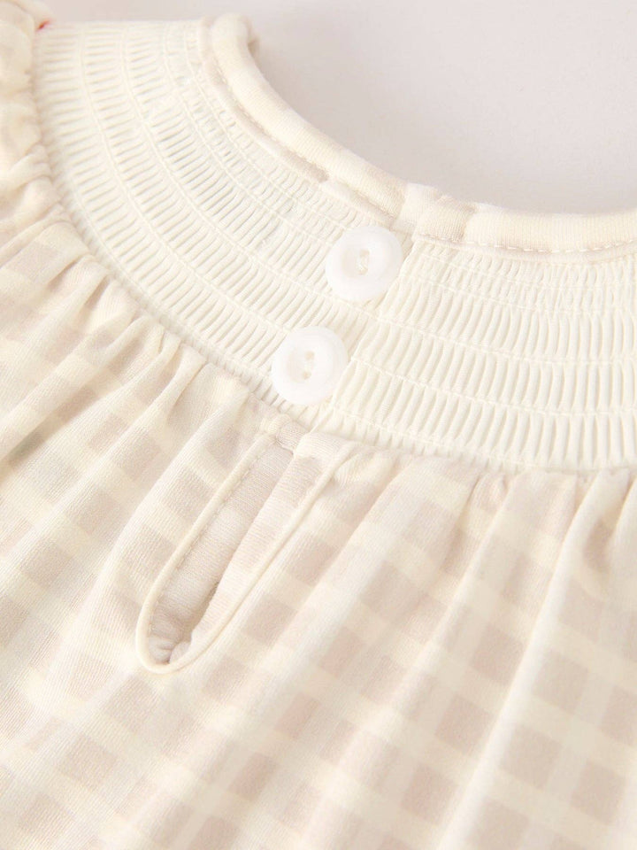 Rylee Faith Designs - Fall Thanksgiving Apricot Plaid Turkey Embroidery Smocking Baby Girls Romper: 12M