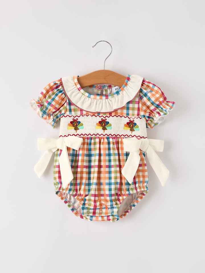 Rylee Faith Designs - Fall Thanksgiving Color Plaid Chick Embroidery Smocking Baby Girls Romper: 6M