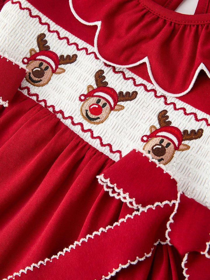 Girls Christmas Reindeer Smocked Red Bow Dress- ETA November