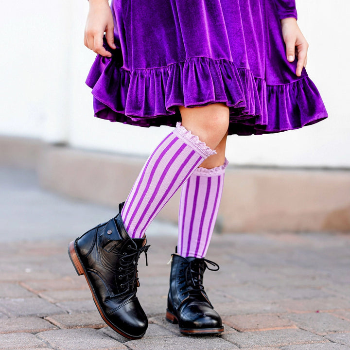 Purple Striped Lace Top Knee High Socks