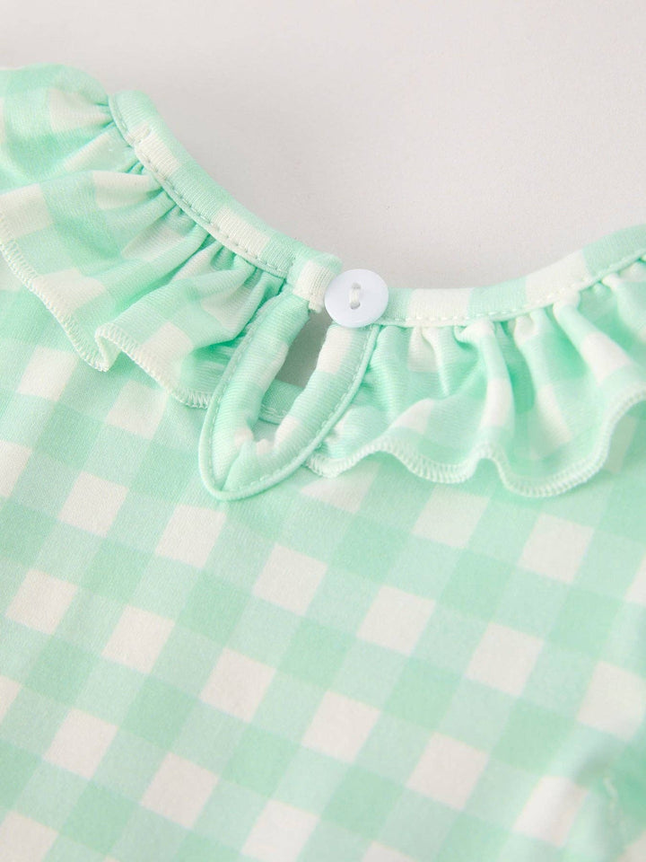 Rylee Faith Designs - Fall Thanksgiving Green Chicken Smock Embroidered Plaid Baby Girls Romper: 12M