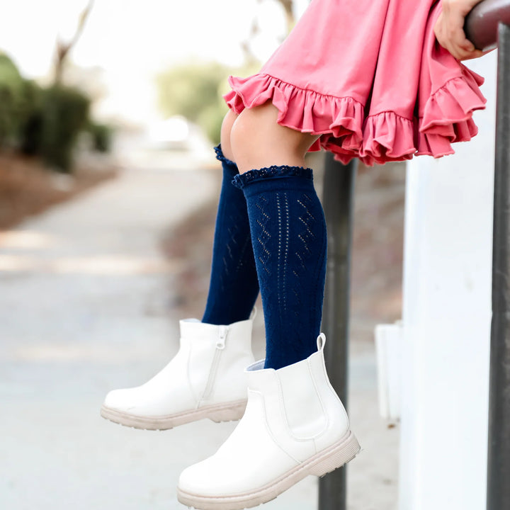 Navy Fancy Lace Top Knee High Socks