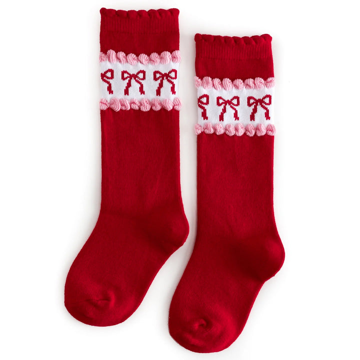 Red Bow Scalloped Knee High Socks