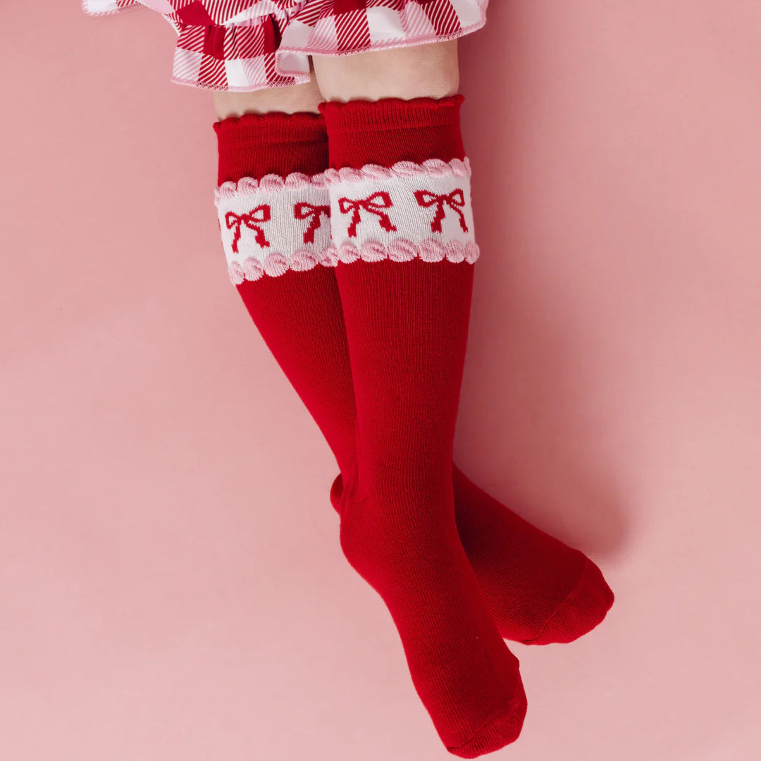 Red Bow Scalloped Knee High Socks