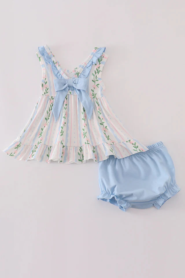 Blue floral print ruffle bloomer set